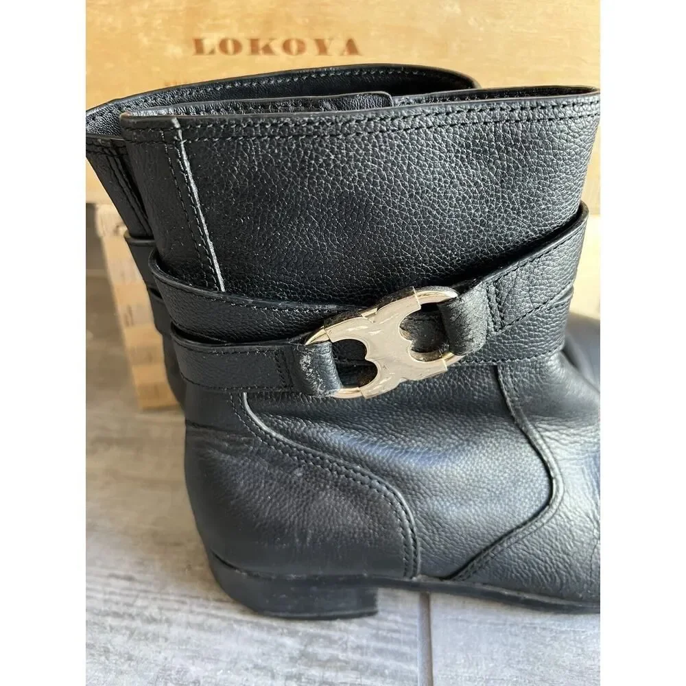 Tory Burch Gemini Link Black Pebble Leather Ankle Booties Moto Boots Size 8 READ